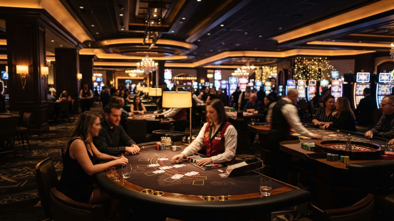 Salle de casino moderne avec tables de jeu éclairées
